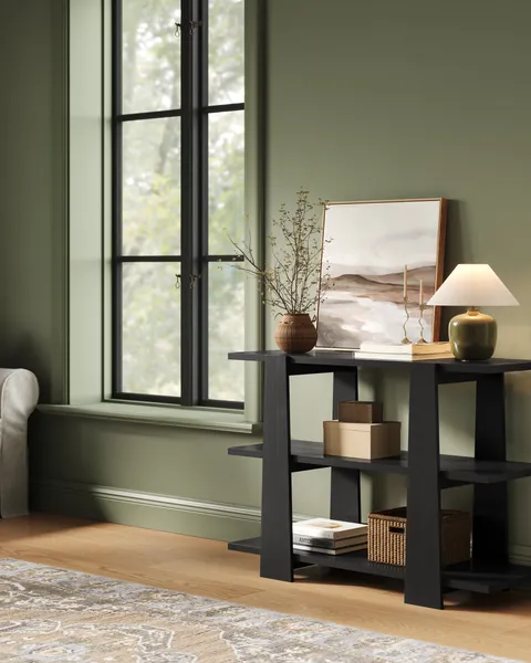 Photorealistic 3D render of a wood console table from a furniture catalog project