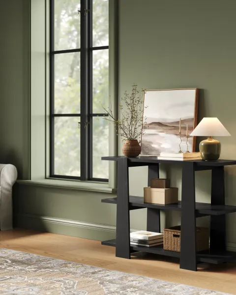 Photorealistic 3D render of a wood console table from a furniture catalog project