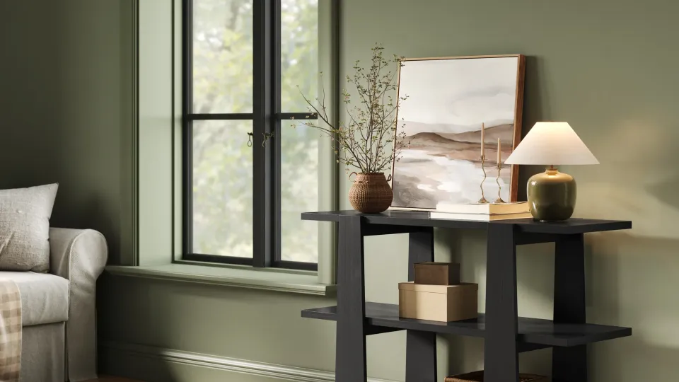 Photorealistic 3D render of a wood console table from a furniture catalog project