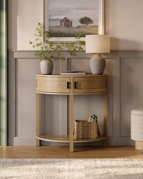 Photorealistic 3D render of a styled entryway console table from a full furniture catalog