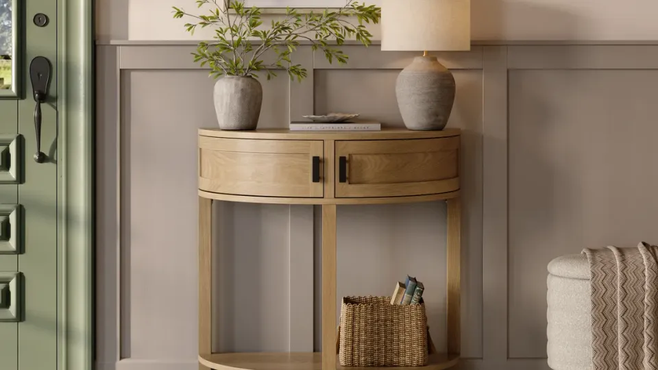 Photorealistic 3D render of a styled entryway console table from a full furniture catalog