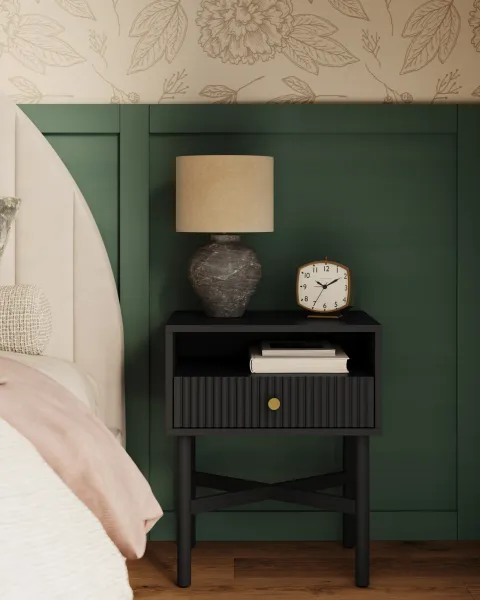 Same fluted nightstand model rendered in a black finish, a real color variation from one 3D model