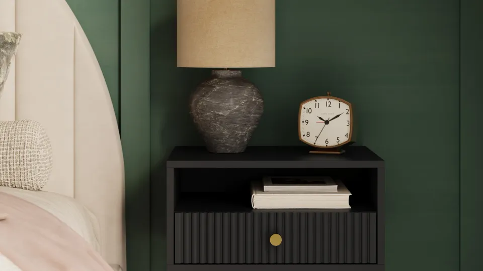 Same fluted nightstand model rendered in a black finish, a real color variation from one 3D model