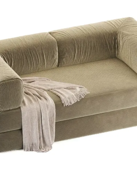 Rendered two-seater sofa in oat corduroy, seen from above and to the side, one frame of a 360° product view