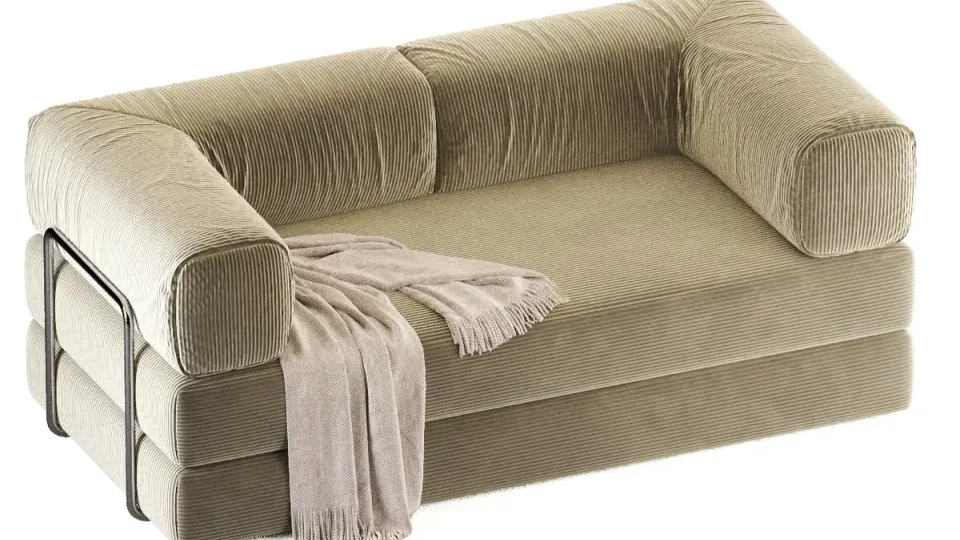 Rendered two-seater sofa in oat corduroy, seen from above and to the side, one frame of a 360° product view