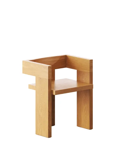 White-background 3D render of a modern wooden armchair