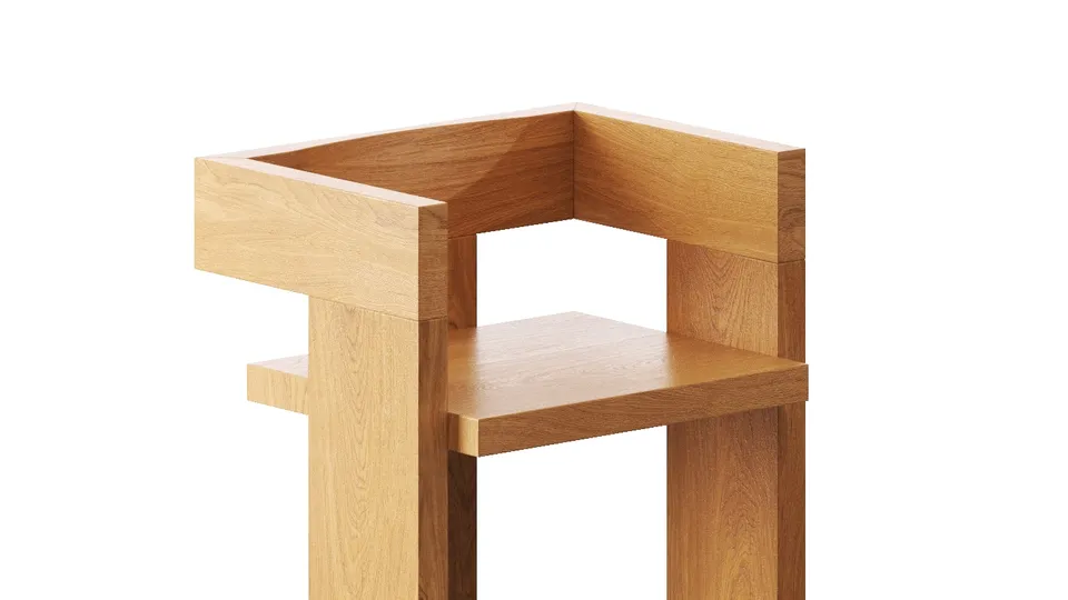White-background 3D render of a modern wooden armchair
