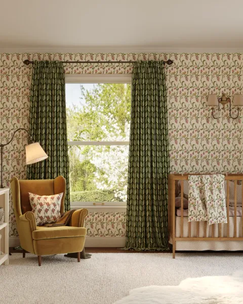Photorealistic 3D render of a vintage-style nursery with floral wallpaper and warm window light