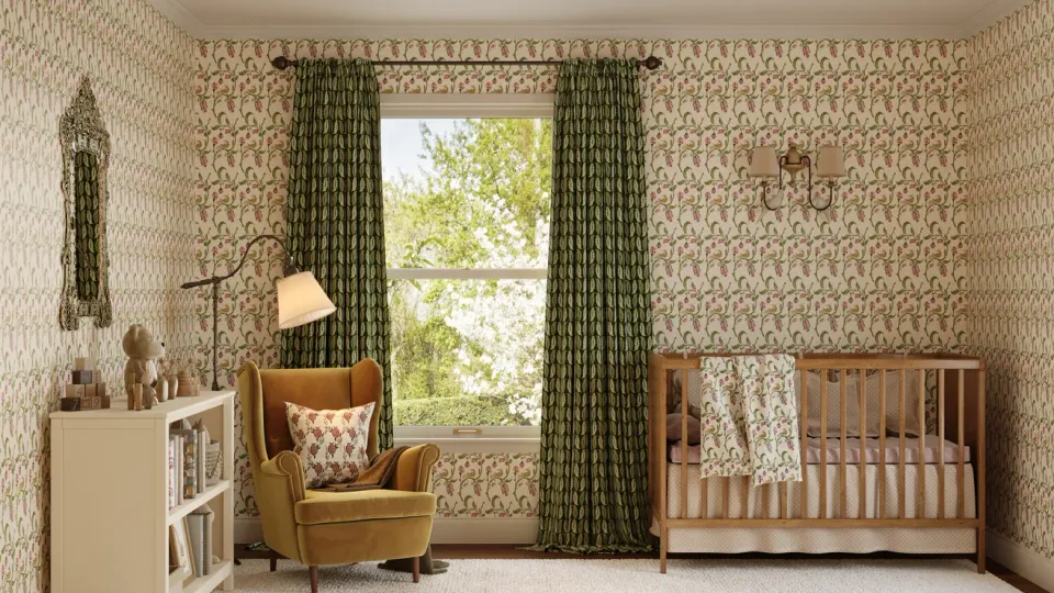 Photorealistic 3D render of a vintage-style nursery with floral wallpaper and warm window light