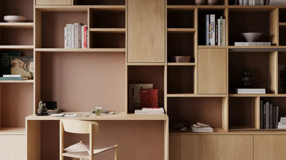 Photorealistic 3D render of built-in wood shelving with a desk and chair