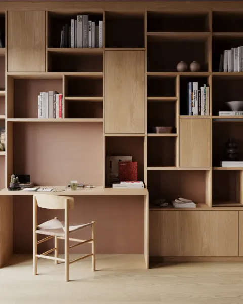 Photorealistic 3D render of built-in wood shelving with a desk and chair