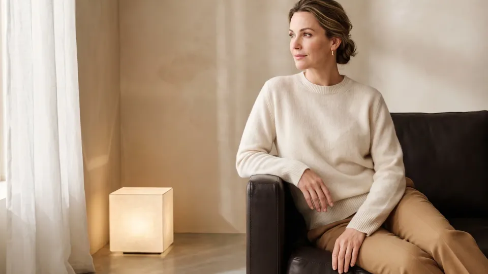 Photorealistic 3D lifestyle render of a woman seated on a leather sofa in a minimalist living room