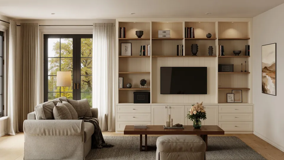 Photorealistic 3D render of a furnished living room