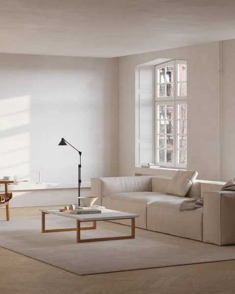 Photorealistic 3D render of a bright, styled living room with a leather armchair