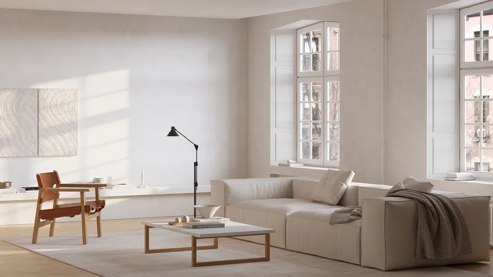 Photorealistic 3D render of a bright, styled living room with a leather armchair