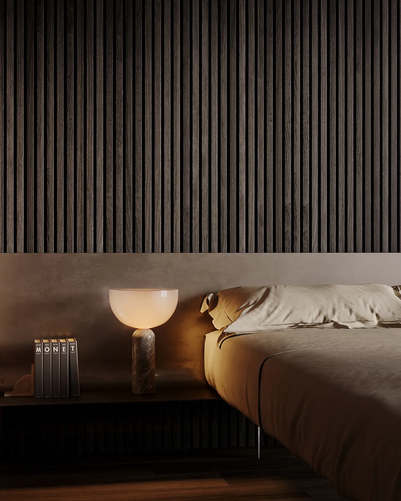 3D Furniture Rendering for Dutch bed manufacturer — Bedroom Collection — Dark Wood Panel