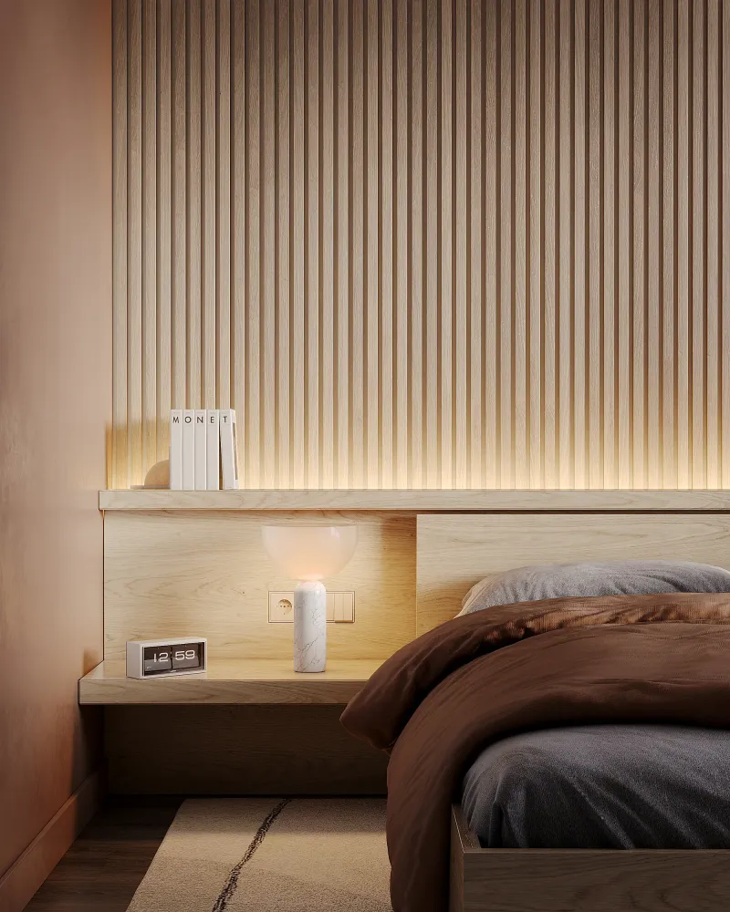 3D Furniture Rendering for Dutch bed manufacturer — Bedroom Collection — Fluted Oak Panel, view 3